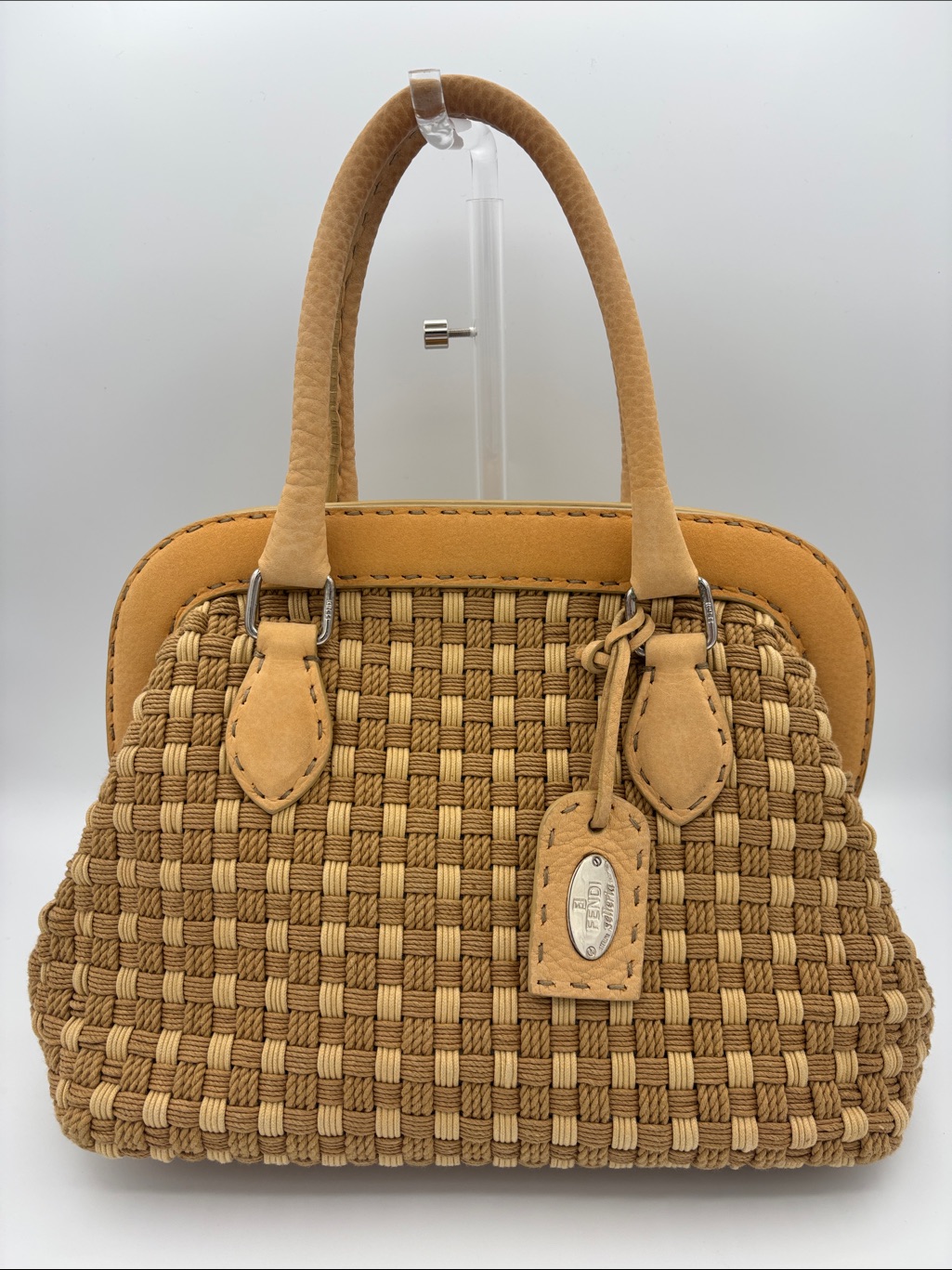 Authentic Fendi Selleria Woven Doctor Bag - Tan - Jute/Cotton Cording - Euc